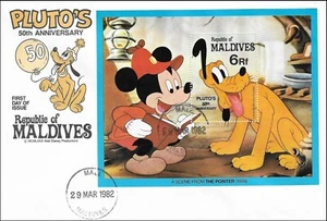 Foglio FDC Compleanno Plutone 50° Anniversario Disney Cartoni Animati Maldive 1982 - Foto 1 di 1