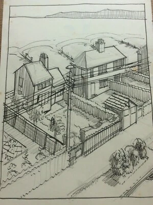 Signed Pen & Ink Drawing Lillian Mingay 1938 Bridlington Artist Houses on Coast - Image 1 of 3