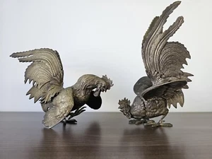 Pair Antique Japanese Silvered Bronze Gamecock Meiji Period 11” Fighting Rooster - Picture 1 of 24