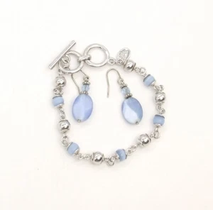 8" Cookie Lee Silver-T & Blue Cats Eye Bead Chain Link Toggle Bracelet/Earrings - Picture 1 of 4