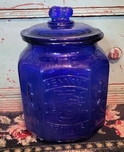 Antique reproduction vintage blue glass Mr. Peanut Planters Peanut jar NOS RARE - Picture 1 of 6