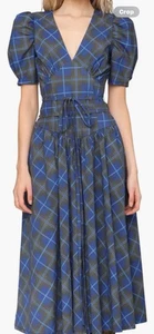 Plaid Puff Sleeve Tie Belt Stretch Cotton Midi Dress Size 8 - Picture 1 of 4
