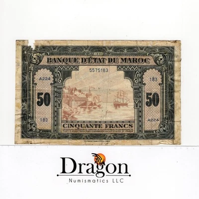 Morocco, Banque d'Etat du Maroc, 50 Francs, 1-8-43, P-26 Very Circulated - Image 1 of 2