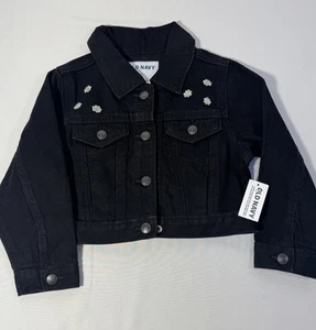 Old Navy Denim Jean Jacket Cropped Embroidered Flower Trucker Black Girls 4T NEW - Picture 1 of 11