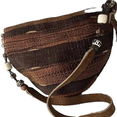 Artisan Sisal Jute Woven Bucket Shoulder Bag Hand Beaded Fringe Brown Boho - Image 1 of 4