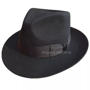 Klassischer schwarzer 100 % Wollfilz Pate Gangster Gangster Gentleman Fedora - Bild 1 von 9