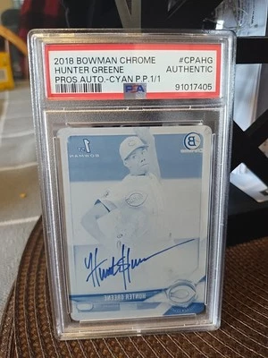 2018 Bowman Chrome Hunter Greene 1st Cyan Printing Plate Auto 1/1 PSA Auth. Reds - Imagem 1 de 4
