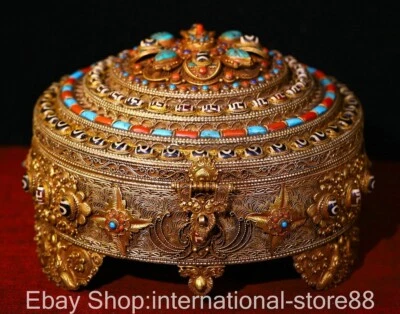 Caja de forma redonda con incrustación de plata de filigrana china antigua de 10" patrón Dzi Phoenix Foto 1 de 4