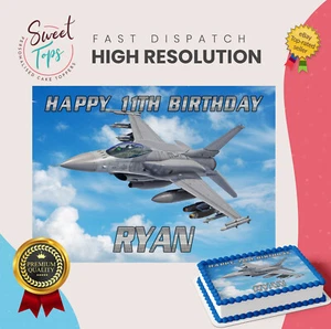 FIGHTER JET RECTANGLEPERSONALISED EDIBLE BIRTHDAY CAKE TOPPER DECORATION - Picture 1 of 1