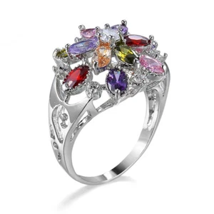 Anillo multicolor para niña de plata 925 con flores de circonio circular con banda hueca para mujer talla 6-10 - Imagen 1 de 9