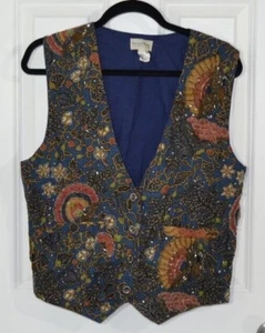 Vintage Boundary Waters Vest Floral Peacock Beaded Autumnal Colors Size L 80's - Bild 1 von 7