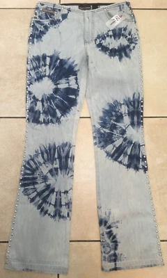 DKNY Womens Low Rise Raw Hem Tie Dye Studded Flare Jeans Size 12 Uk NEW Blue - Image 1 of 4