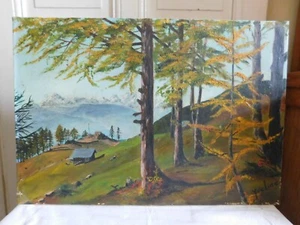 Yveline (20th) Oil on Canvas " Landscape Mountain Alps And Chalet " - Picture 1 of 12
