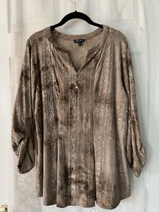 Sami & Jo Womens Tunic Top Blouse Plus 1X Taupe  Tie Dye Sequins Embroidered - Picture 1 of 10