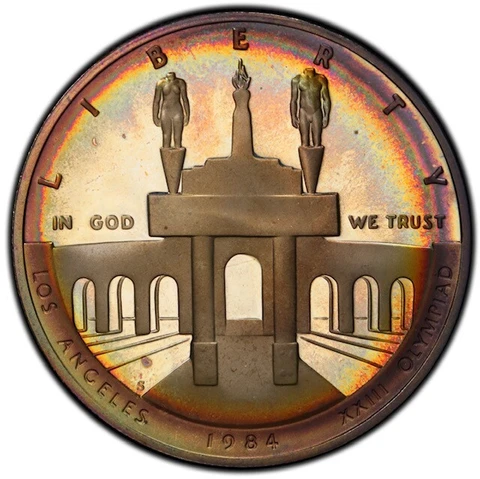PR67DCAM 1984-S $1 LA Olympic Silver Proof Dollar, PCGS- Pretty Rainbow Toned Cover