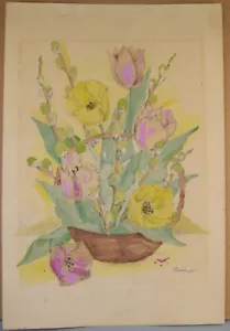 VREELAND BLEISTIFT & AQUARELL ZEICHNUNG/GEMÄLDE~KORB TULPEN~UNGERAHMT VINTAGE - Bild 1 von 2