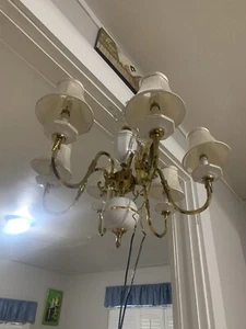 Vintage Gold / White / Brass & Porcelain Ornate Chandelier 6 Arm Lights - Picture 1 of 11