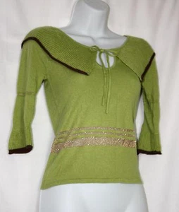Fifi 100% Cashmere Green & Gold Tie 3/4 Sleeve Sweater Size XS - Picture 1 of 5