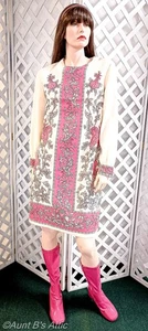 Vintage 60's  Alfred Shaheen Pk/Ivory/Gry  Cotton Painted Floral Shift Dress M/L - Picture 1 of 9