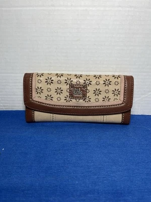 The Sak Tan And Brown Leather Tri-Fold Billfold Wallet Clutch W/ Pink And Green - Image 1 of 4