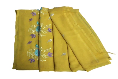 Yellow Traditional Saree Indian Vintage Crafted Material Sewing Dress Sari Scrap - Image 1 of 4