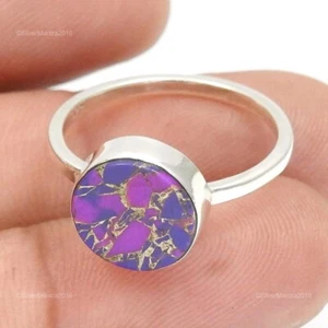925 Solid Silver Purple Copper Turquoise Gemstone Band Engagement Ring Size 7.5 - Picture 1 of 10
