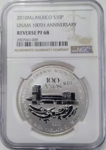 2010 MEXICO $10 UNAM 100th ANIVERSARY NGC PF68 - Picture 1 of 11