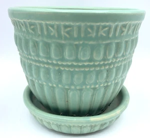 Vtg McCoy Pottery Vase 117  Planter Pot 1960s Blue Beaded Underplate - Picture 1 of 5