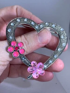 Valentinstag Herz Strass rosa Blumen RIESIGE Vintage Silber Brosche Anstecknadel M-3130 - Bild 1 von 3