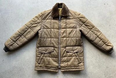 Chaqueta acolchada marrón claro vintage de los años 70 4 bolsillos cuello de piel sintética cremallera talla XL EE. UU. Foto 1 de 4