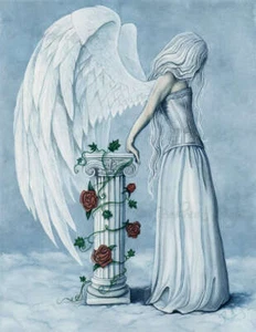 Arte de Fantasía IMPRESIÓN Ángel Esperanza Columna Azul Rosas Nubes Alas Emoción Acuarela - Imagen 1 de 5