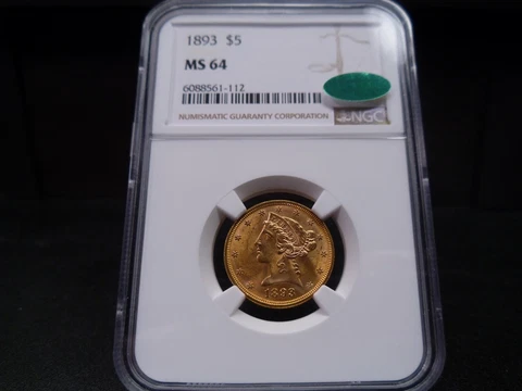 1893 MS64 $5 Liberty Head Half Eagle NGC/CAC Certified - Philadelphia Mint/PQ Cover