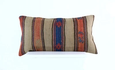 Handmade Turkish Kilim Pillow Cover 12x24 Ethnic Boho Sofa Lumbar Cushion E1025 - Image 1 of 4