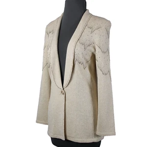Toula Sz 4 Tan Gold Rhinestones Metallic One Button Santana Knit Wool Blazer - Picture 1 of 17
