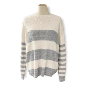 Knox Rose Womens Size Medium Gray Cream Stripped Lightweight Sweater Top - Picture 1 of 9