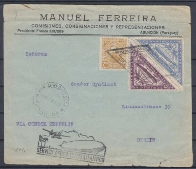 Paraguay 1932 Luftpost Brief Transatlantik Condor Zeppelin Asuncion nach Berlin - Bild 1 von 2