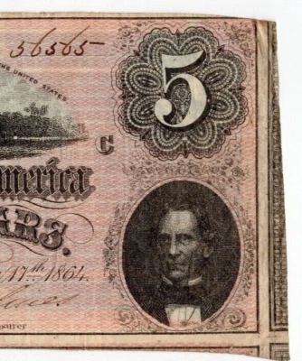 FANCY RADAR REPEATER serial # 56565 Binary 1864 Confederate $5 + miscut error - Image 1 of 3