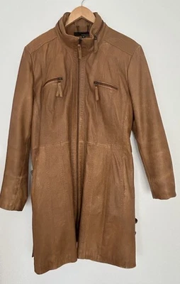 Chaqueta larga de cuero para mujer Wilson con cremallera y cinturón XXL COÑAC marrón mantecoso suave Foto 1 de 4