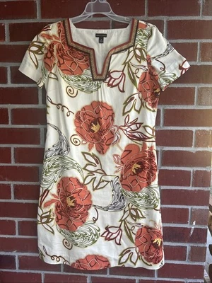 Dana Buchman Floral Sheath Dress 6 Beige Melon Green V-Neck Side Zip Knee Length - Image 1 of 4