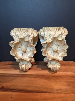 Vtg Plaster Wall Sconces(2) 7x4 Beig/Gold Shabby Chic Distressed Flowers - Image 1 of 4