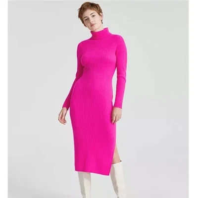 Vestido Suéter Charter Club 100% Cachemira Cuello Alto Midi Rosa Feroz PEQUEÑO Foto 1 de 4