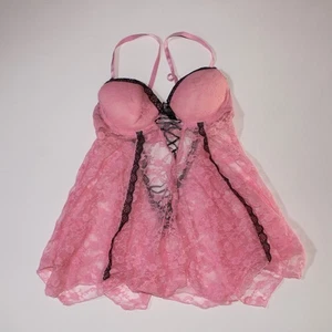 Y2K Native Intimates Pink Lace Fairy Pushup Cami With Gray Lace And Ribbon - Picture 1 of 4