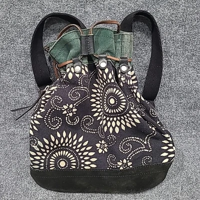 LUCKY BRAND Boho Floral Canvas Drawstring Leather Suede Trim Bucket Bag Backpack - Image 1 of 4