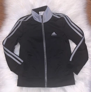 Adidas Boys Size 5 Full Zip Jacket Mock Neck Black Gray Spell out Logo On Back - Picture 1 of 8