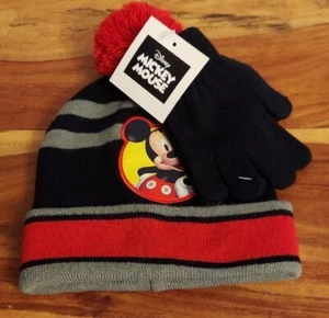 Disney Mickey Mouse Knit Hat and Gloves Black Red Gray - Picture 1 of 4