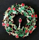 Vintage Green Enamel Hollie Red Berry Candle Wreath Christmas Brooch Pin 2"