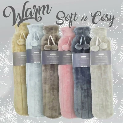 Long Hot Water Bottle With Cover Belt Bag Fleece Faux Fur Cover Rubber 2ltr - Image 1 of 4