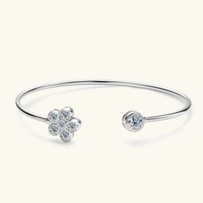 1ct Flower Cuff Bracelet Bangle White Gold Diamond Test Pass Lab-Created VVS1/D - Image 1 of 4