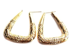 Bamboo PUFFED HOOP EARRINGS GOLD TONE RETRO TRIANGLE SHINY GOLD HOOPS  2.5 inch - Picture 1 of 3