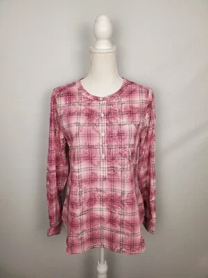 Top Croft & Barrow rosa cachemira a cuadros cuatro botones popover para mujer talla pequeña. Foto 1 de 4